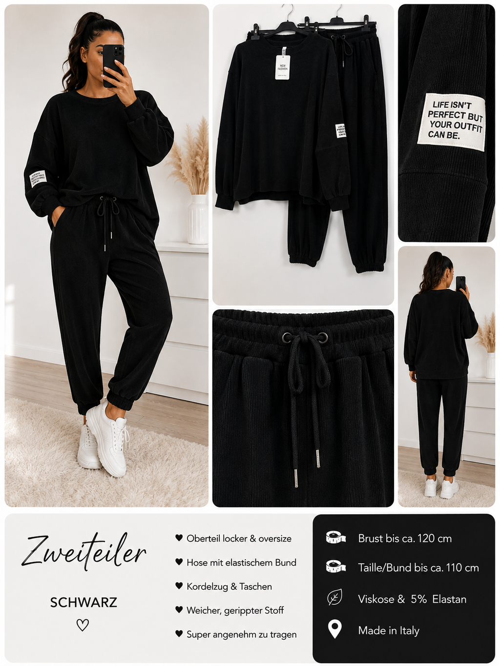 Gerippter Damen Zweiteiler Oversize – Viskose & Elasthan