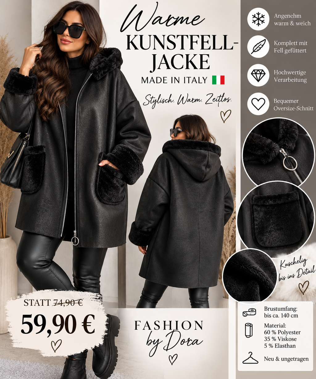 Warme Oversize Kunstfell-Jacke mit Kapuze