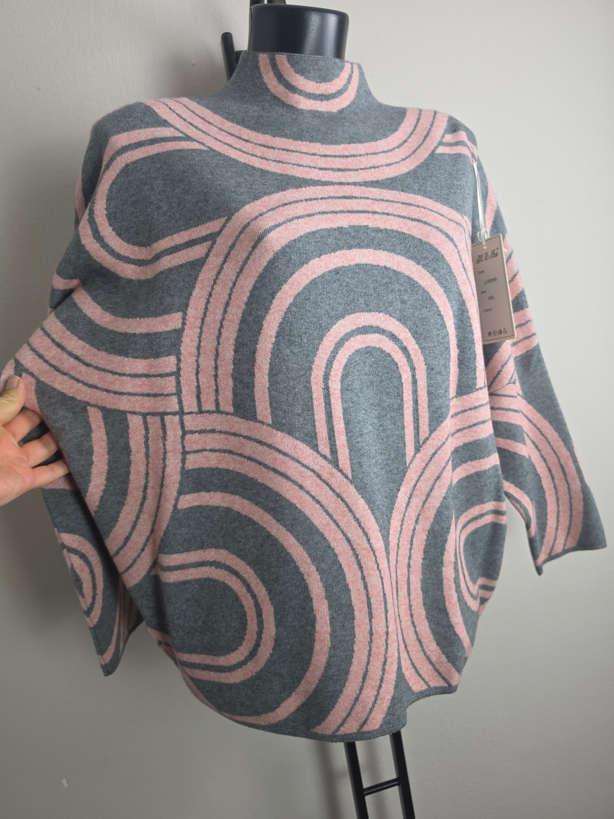 Damen Strickpullover M/L Oversize Stehkragen Warm Geometrisches Muster