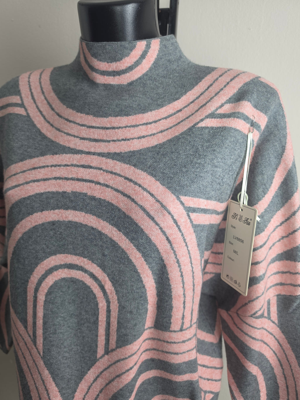 Damen Strickpullover M/L Oversize Stehkragen Warm Geometrisches Muster