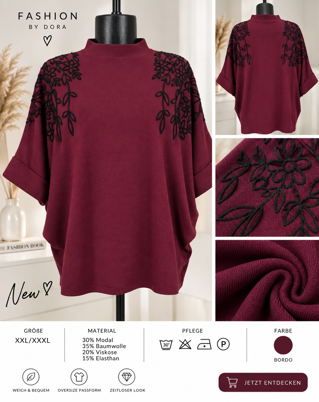 Damen Oversize Pullover XXL/XXXL Blumen Stickerei Modal Baumwolle 4 Farben