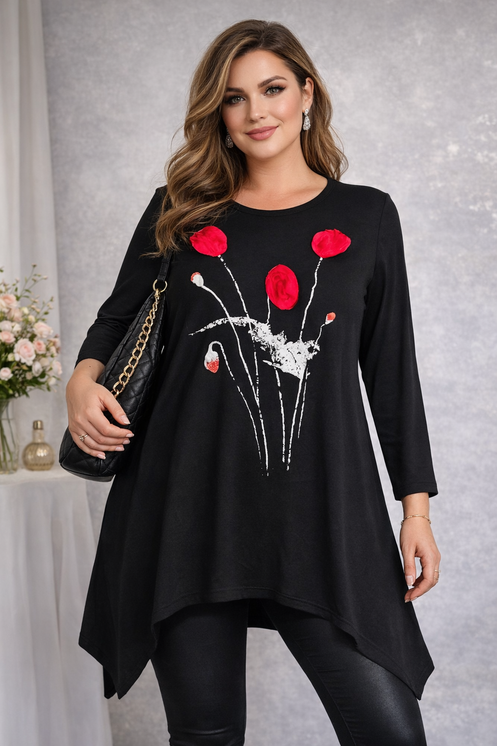 Elegante Damen Tunika mit 3D-Blumen – Schwarz/Rot – Größe 50