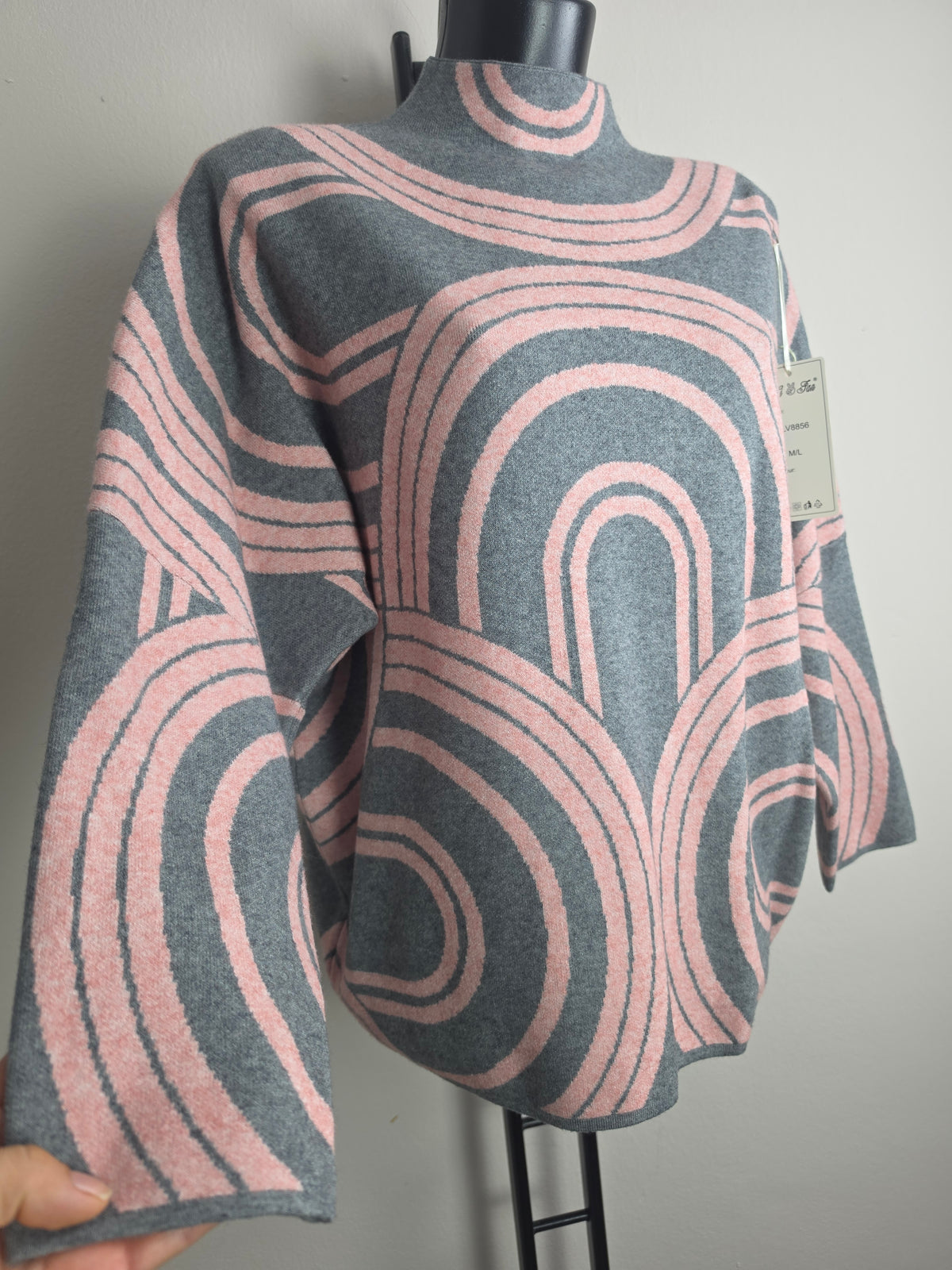Damen Strickpullover M/L Oversize Stehkragen Warm Geometrisches Muster