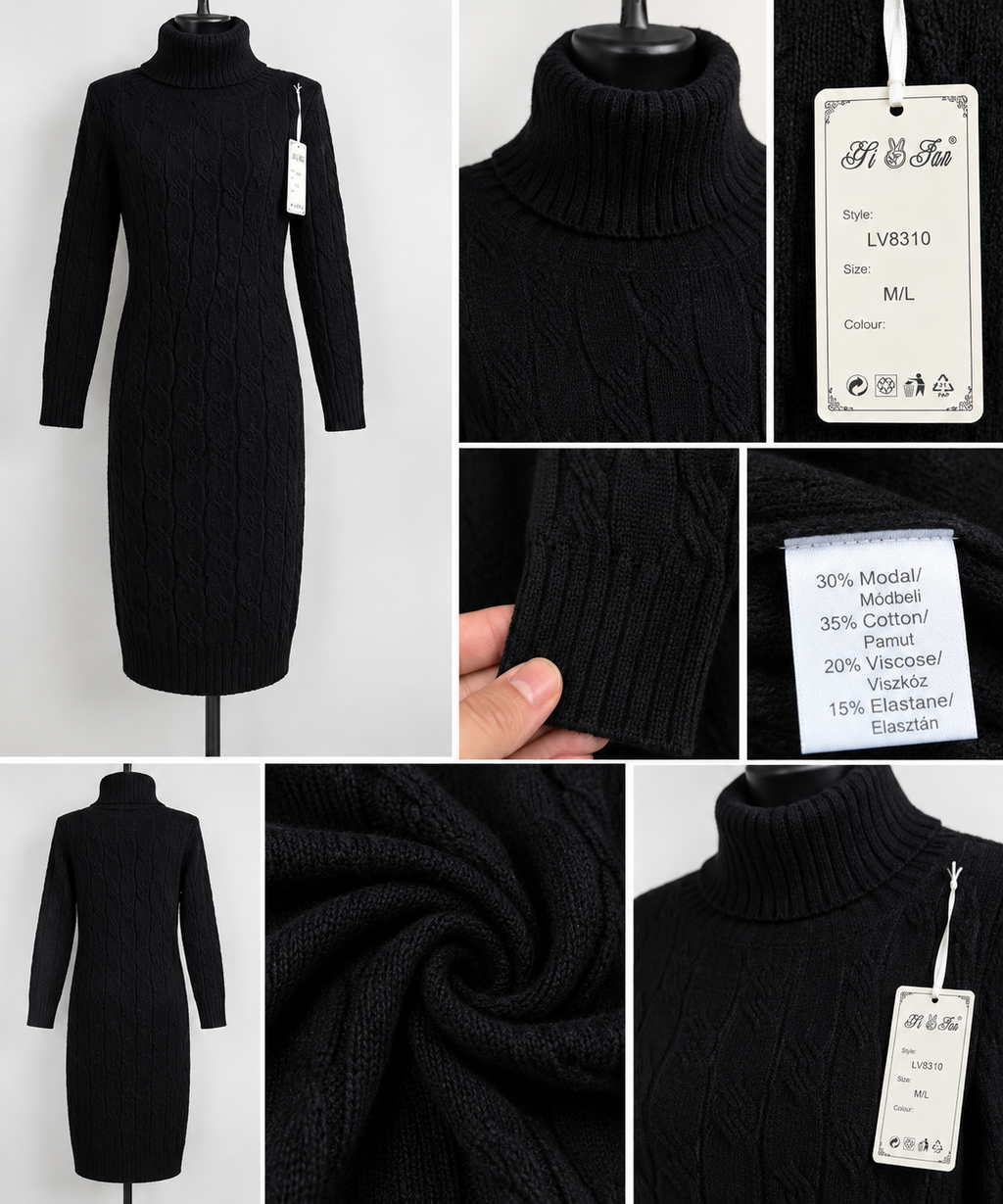Damen Strickkleid L/XL Rollkragen Zopfmuster Langarm Winterkleid 3 Farben