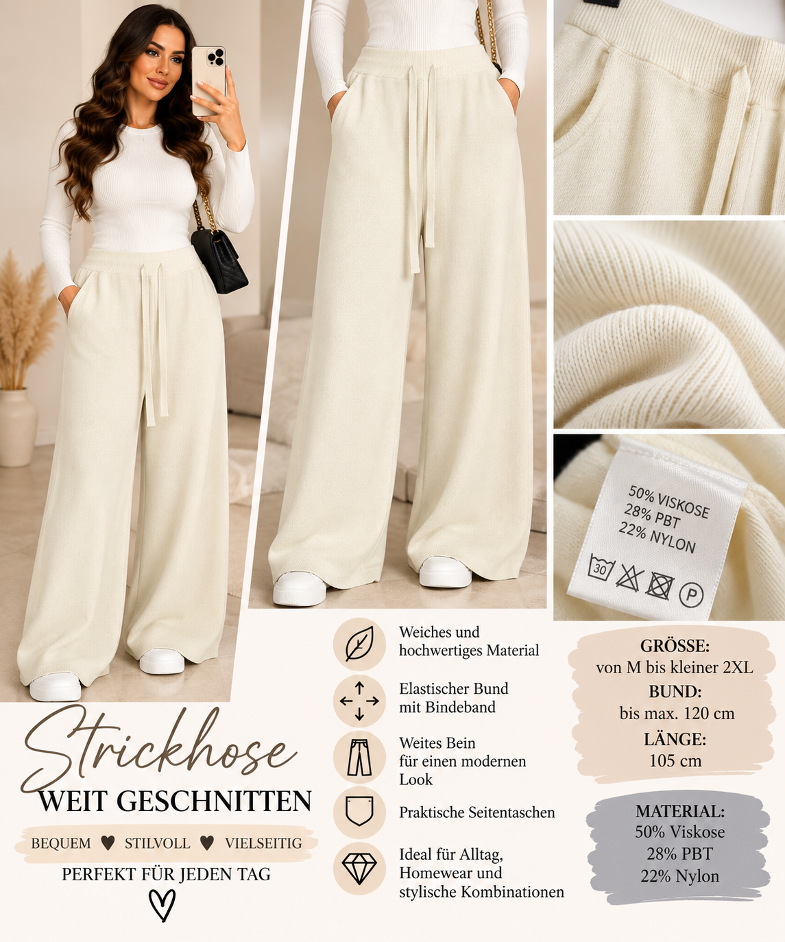 Damen Strickhose Wide Leg – Weiche Hose mit Gummibund & Taschen – M–2XL