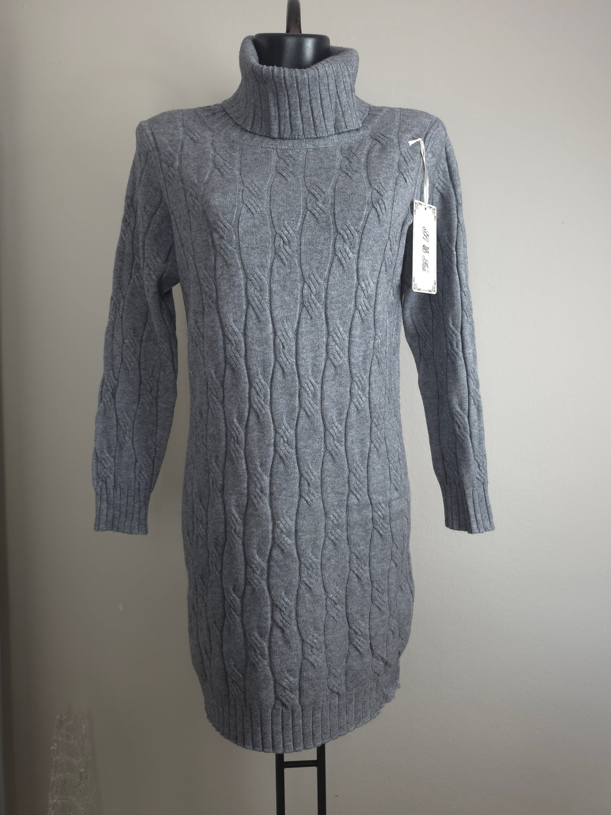 Damen Strickkleid L/XL Rollkragen Zopfmuster Langarm Winterkleid 3 Farben