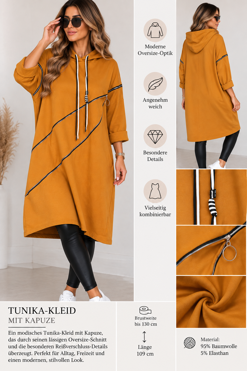 Oversize Tunika-Kleid mit Kapuze & Reißverschluss-Details – Baumwolle