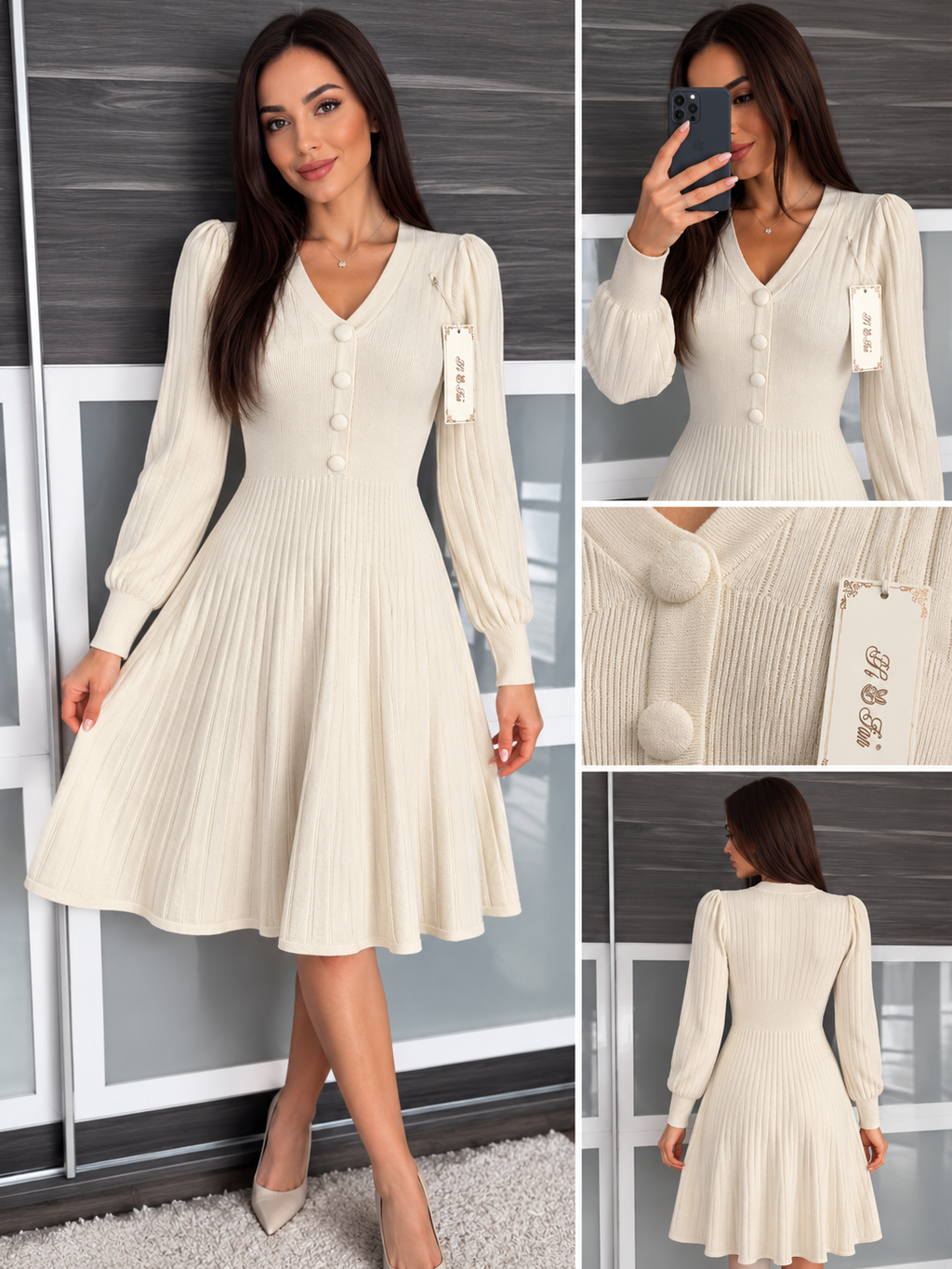 Elegantes Damen Strickkleid mit Knöpfen & Puffärmeln – M/L – 4 Farben