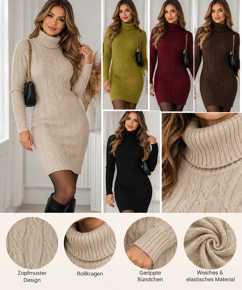 Damen Strickkleid L/XL Rollkragen Zopfmuster Langarm Winterkleid 3 Farben