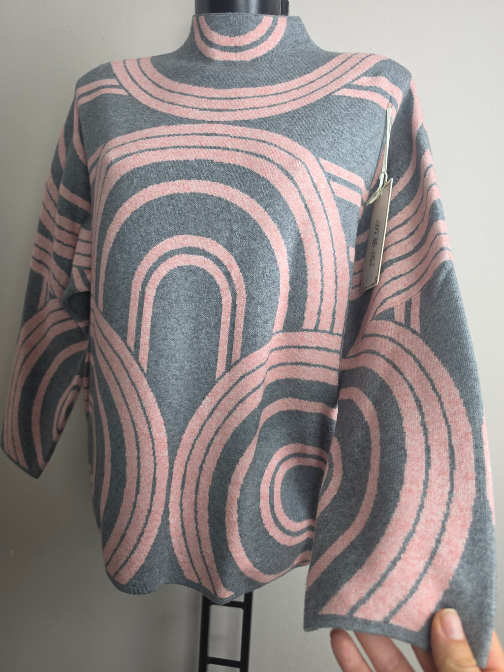 Damen Strickpullover M/L Oversize Stehkragen Warm Geometrisches Muster