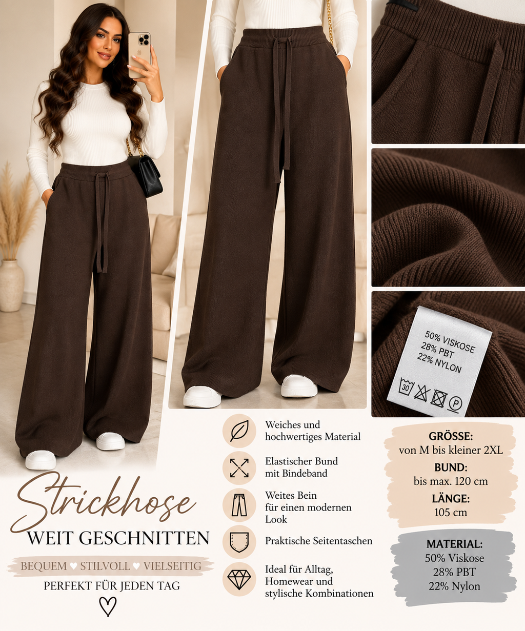 Damen Strickhose Wide Leg – Weiche Hose mit Gummibund & Taschen – M–2XL
