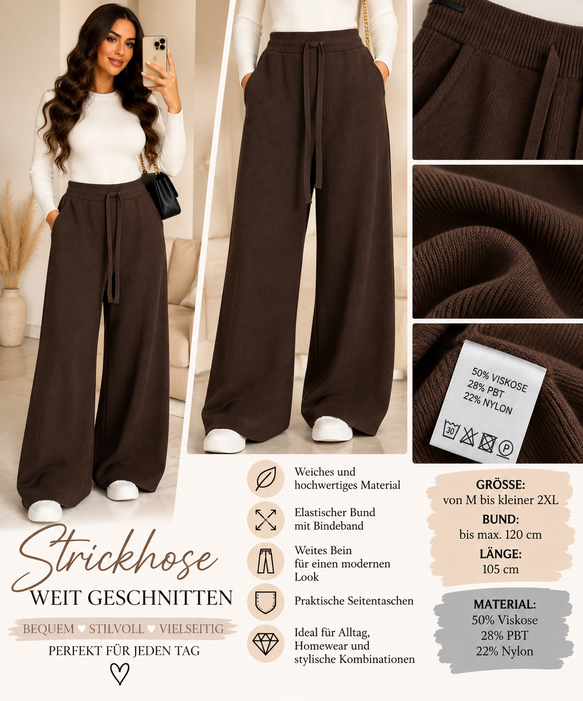 Damen Strickhose Wide Leg – Weiche Hose mit Gummibund & Taschen – M–2XL