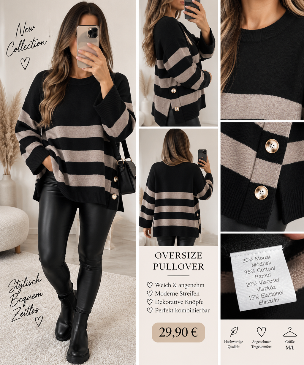 Oversize Streifen-Pullover mit Knopfdetails – M/L