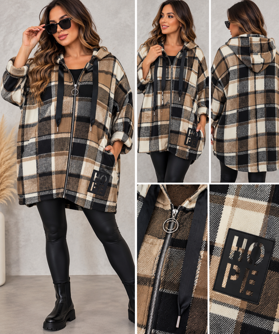 Oversize Karo-Jacke mit Kapuze – warm & bequem XL bis 3XL