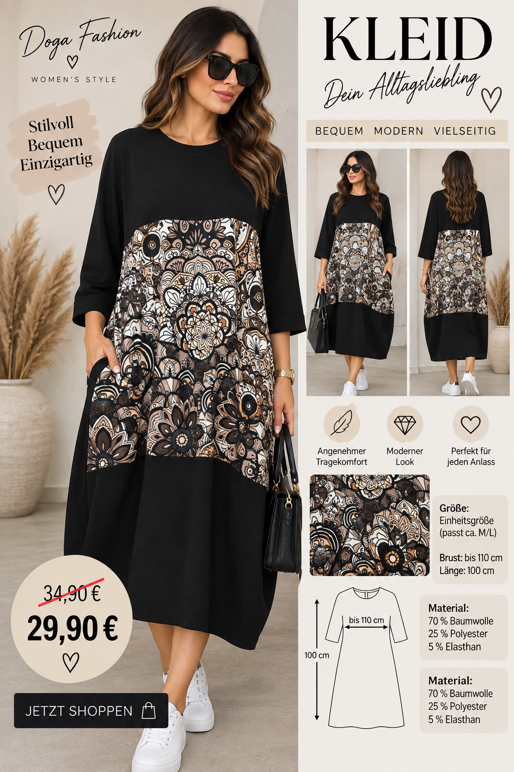 Oversize Kleid mit Print & Taschen – 2 Designs