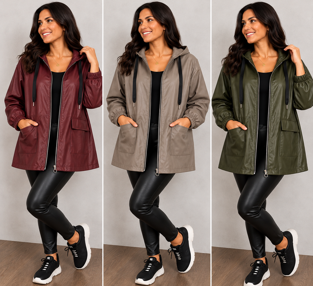 Oversize Kunstleder-Jacke mit Kapuze