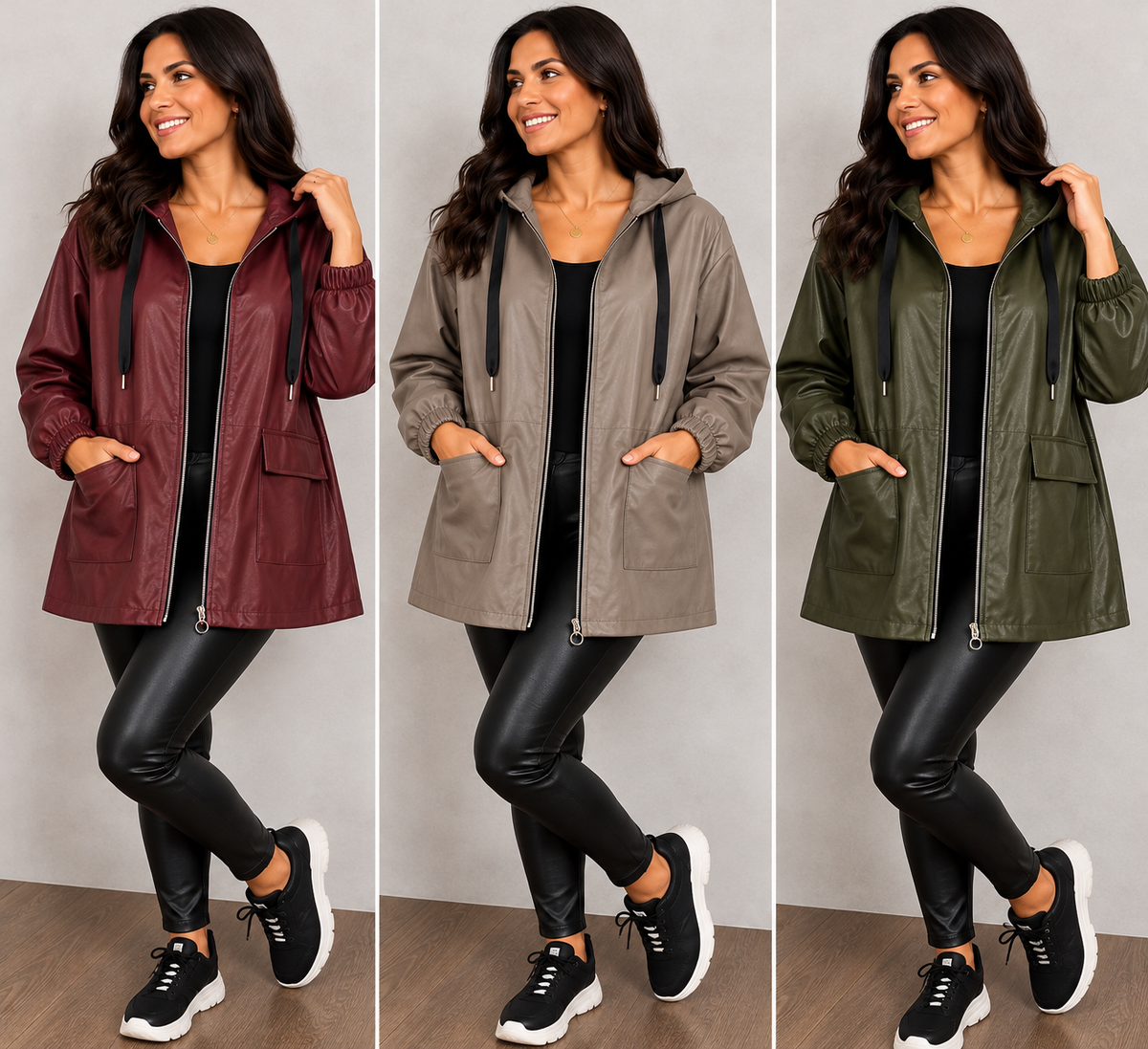 Oversize Kunstleder-Jacke mit Kapuze