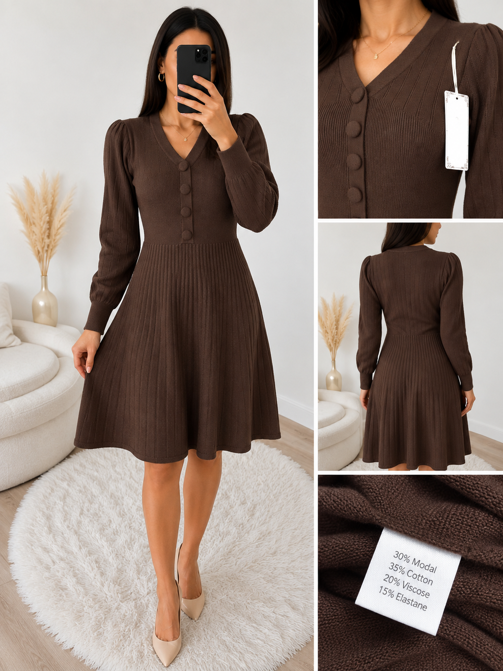 Elegantes Premium Strickkleid mit Knöpfen & ausgestelltem Rock