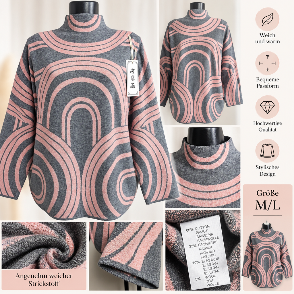 Damen Strickpullover M/L Oversize Stehkragen Warm Geometrisches Muster