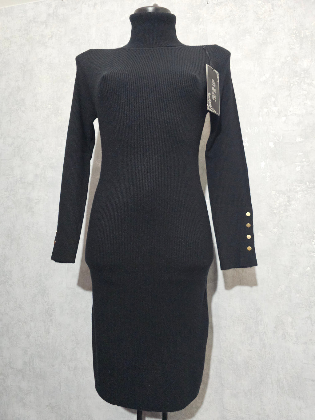 Elegantes Strickkleid Schwarz – Rollkragen & Goldknöpfe – Warm, Weich & Figurbetont, Größe M/L
