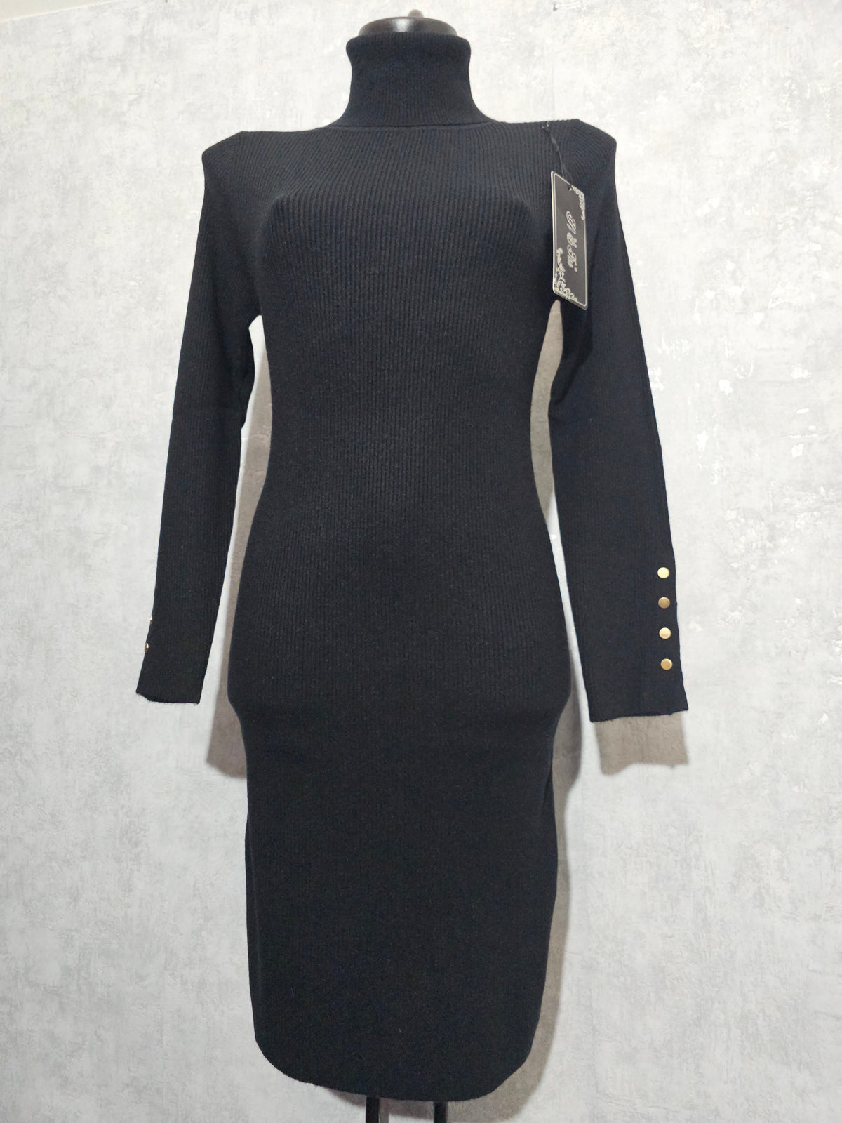Elegantes Strickkleid Schwarz – Rollkragen & Goldknöpfe – Warm, Weich & Figurbetont, Größe M/L