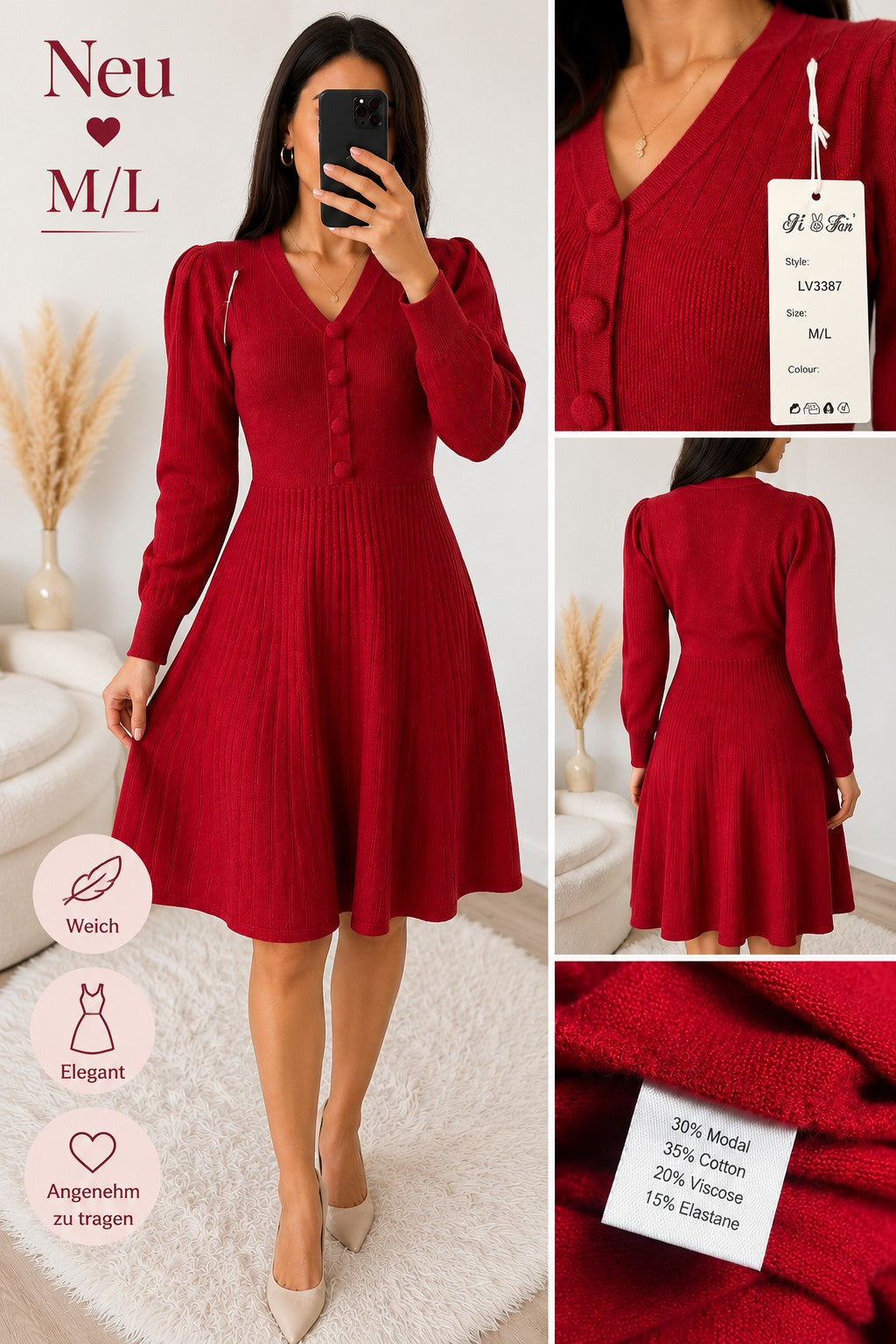 Elegantes Damen Strickkleid mit Knöpfen & Puffärmeln – M/L – 4 Farben