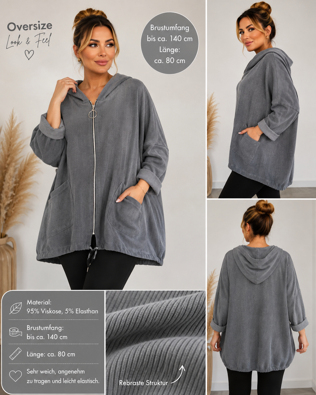 Oversize Jacke mit Kapuze – weich & elastisch | bis ca. 140 cm Brust