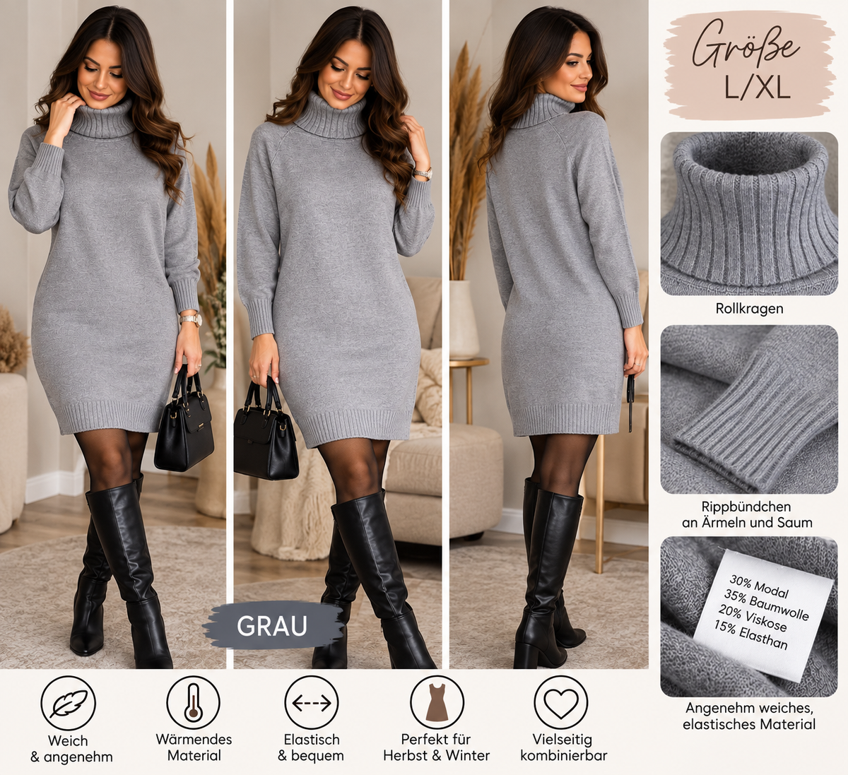 Weiches Strickkleid mit Rollkragen – S/M & L/XL