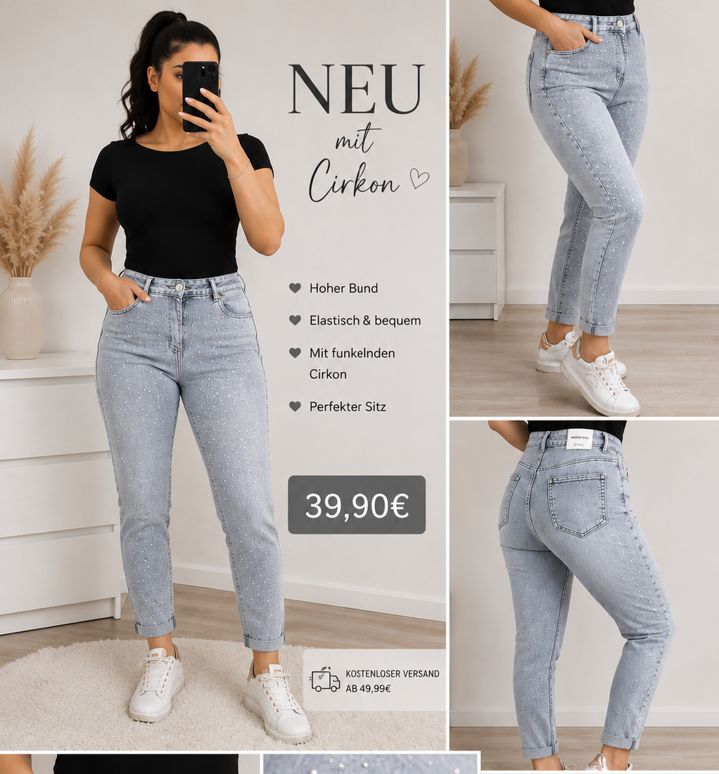 Graue High-Waist Jeans mit Strassdetails | 7/8 Slim Fit