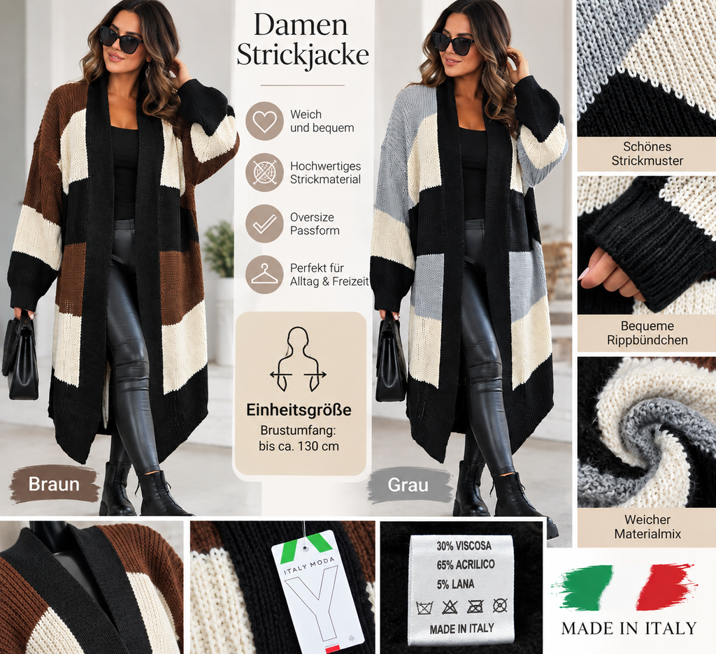 Damen Strickjacke Oversize Cardigan Lang Grobstrick Schwarz Grau Braun
