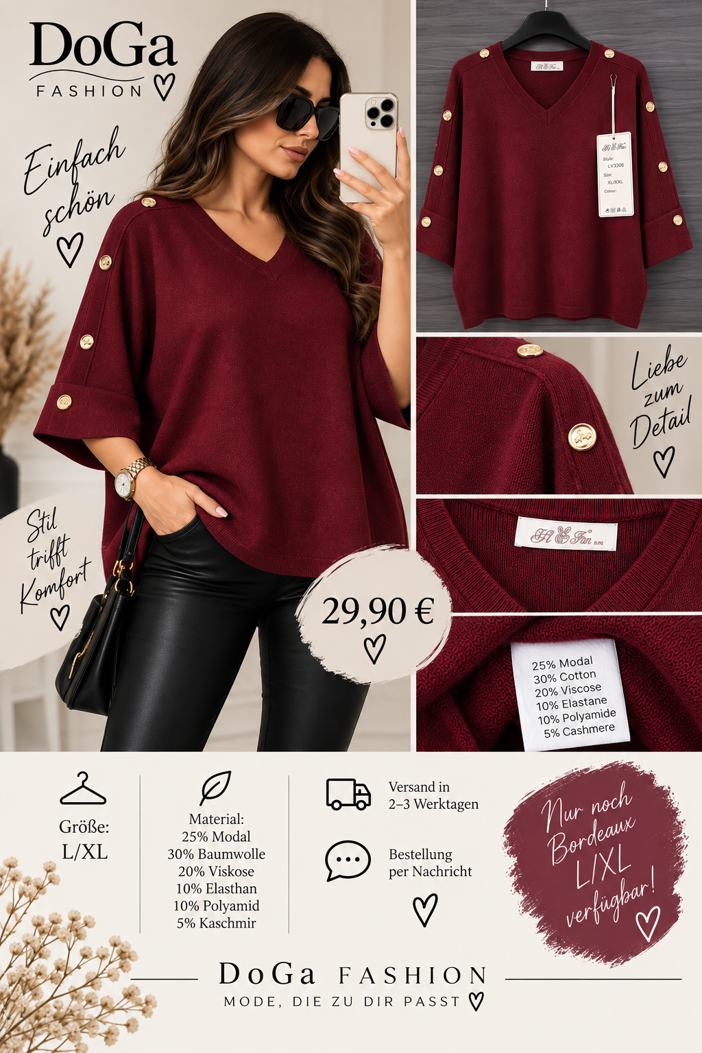 Weicher V-Neck Pullover mit goldenen Knopfdetails