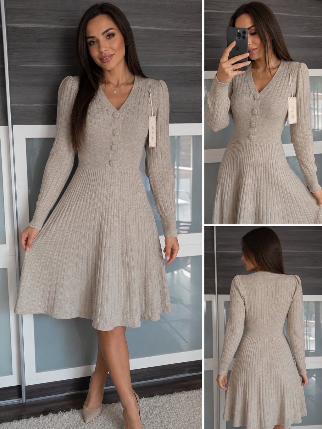Elegantes Premium Strickkleid mit Knöpfen & ausgestelltem Rock