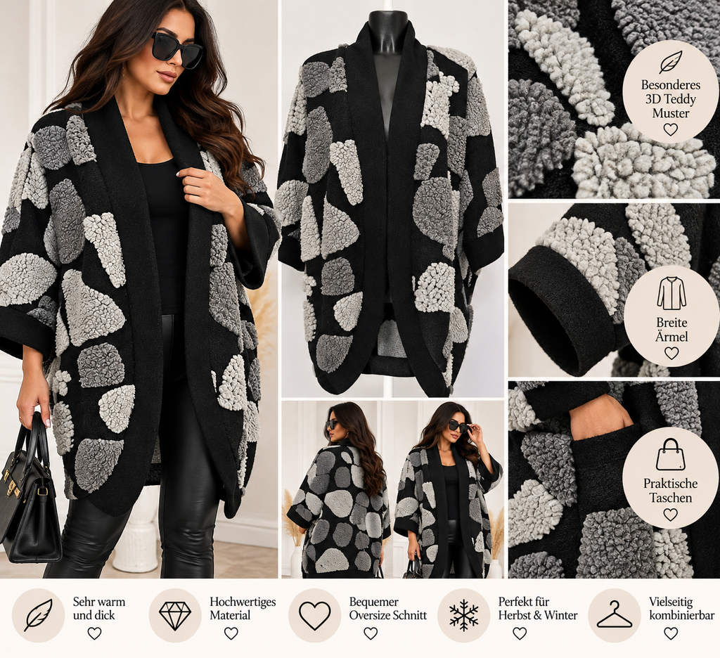 Oversize Damenmantel mit 3D-Teddy-Muster – Wollmix – One Size