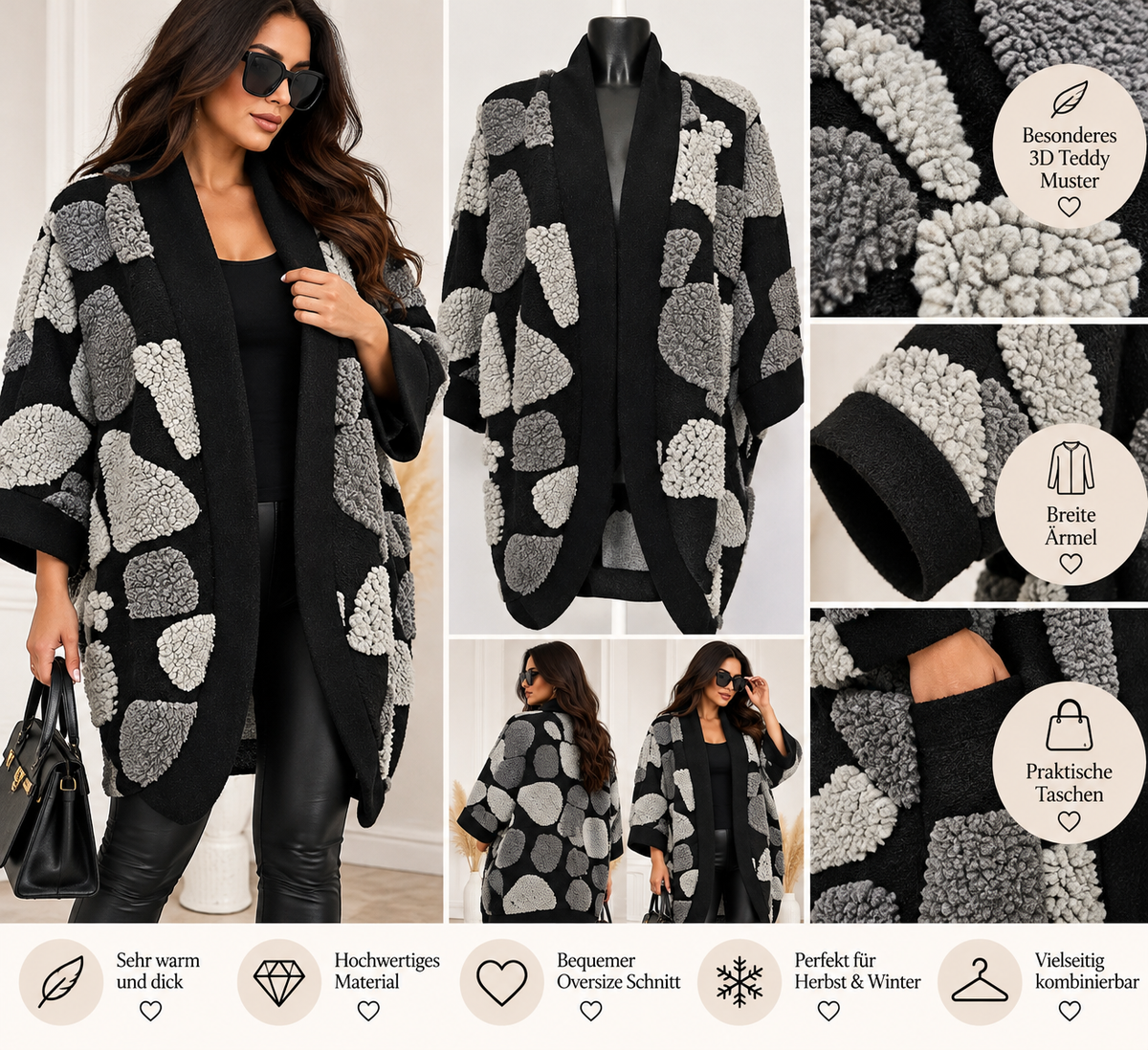 Oversize Damenmantel mit 3D-Teddy-Muster – Wollmix – One Size