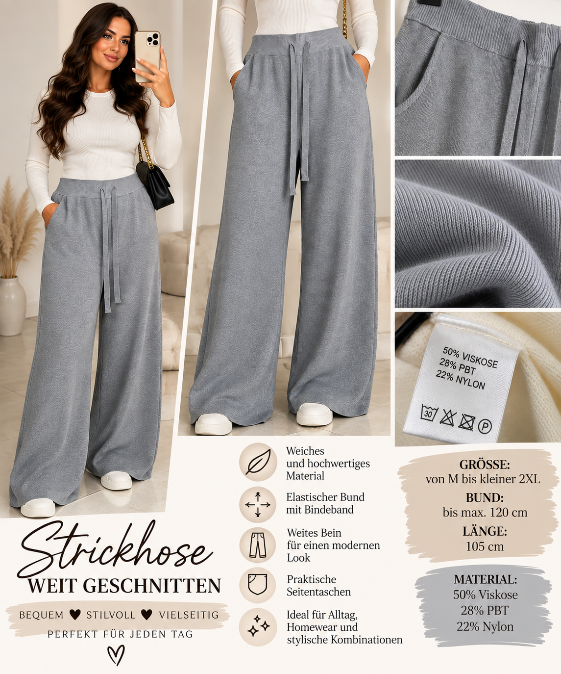 Damen Strickhose Wide Leg – Weiche Hose mit Gummibund & Taschen – M–2XL