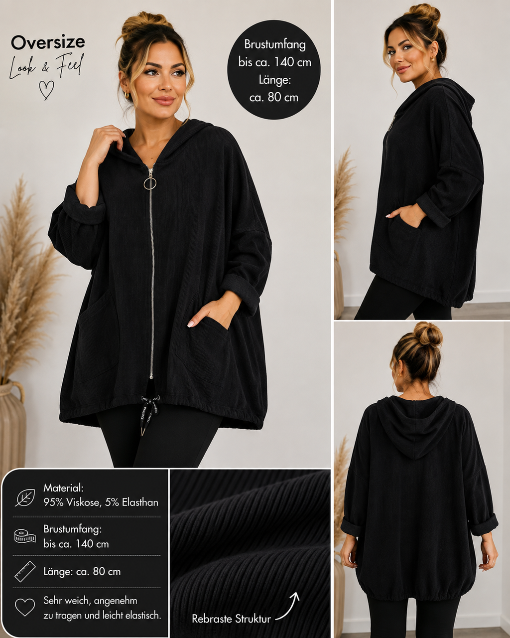 Oversize Jacke mit Kapuze – weich & elastisch | bis ca. 140 cm Brust