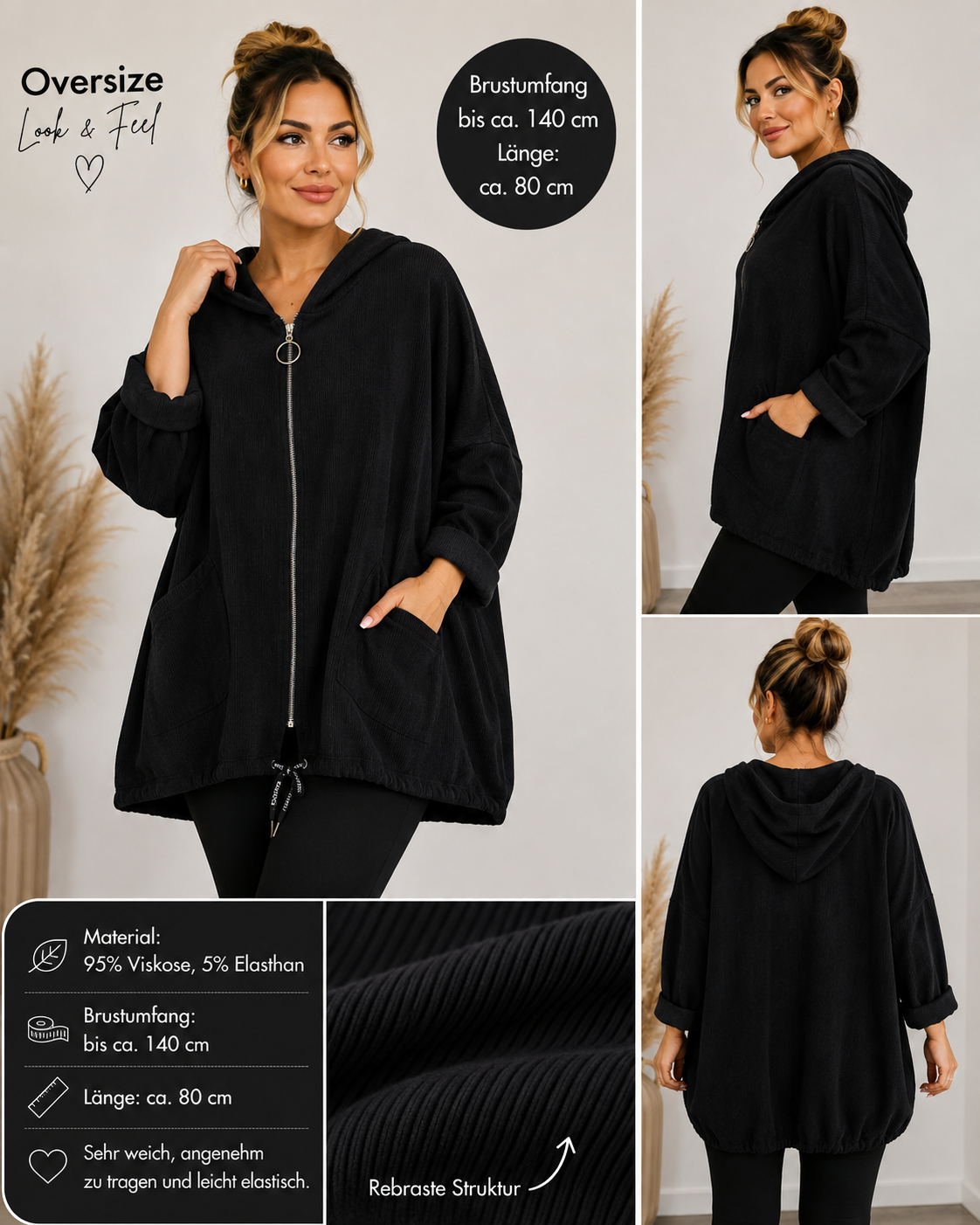 Oversize Jacke mit Kapuze – weich & elastisch | bis ca. 140 cm Brust