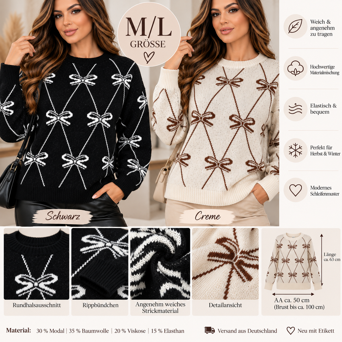 Damen Strickpullover mit Schleifen – Weich & Elegant | M/L