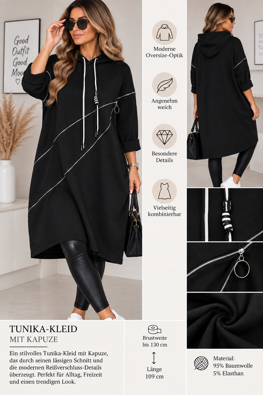 Oversize Tunika-Kleid mit Kapuze & Reißverschluss-Details – Baumwolle