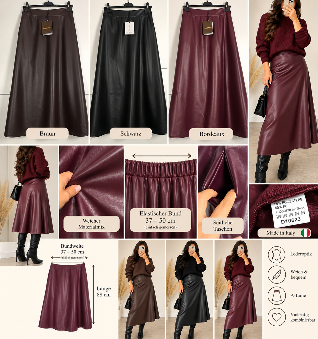 Damen Lederrock Kunstleder Midi Maxirock A-Linie Stretch Schwarz Bordeaux Braun
