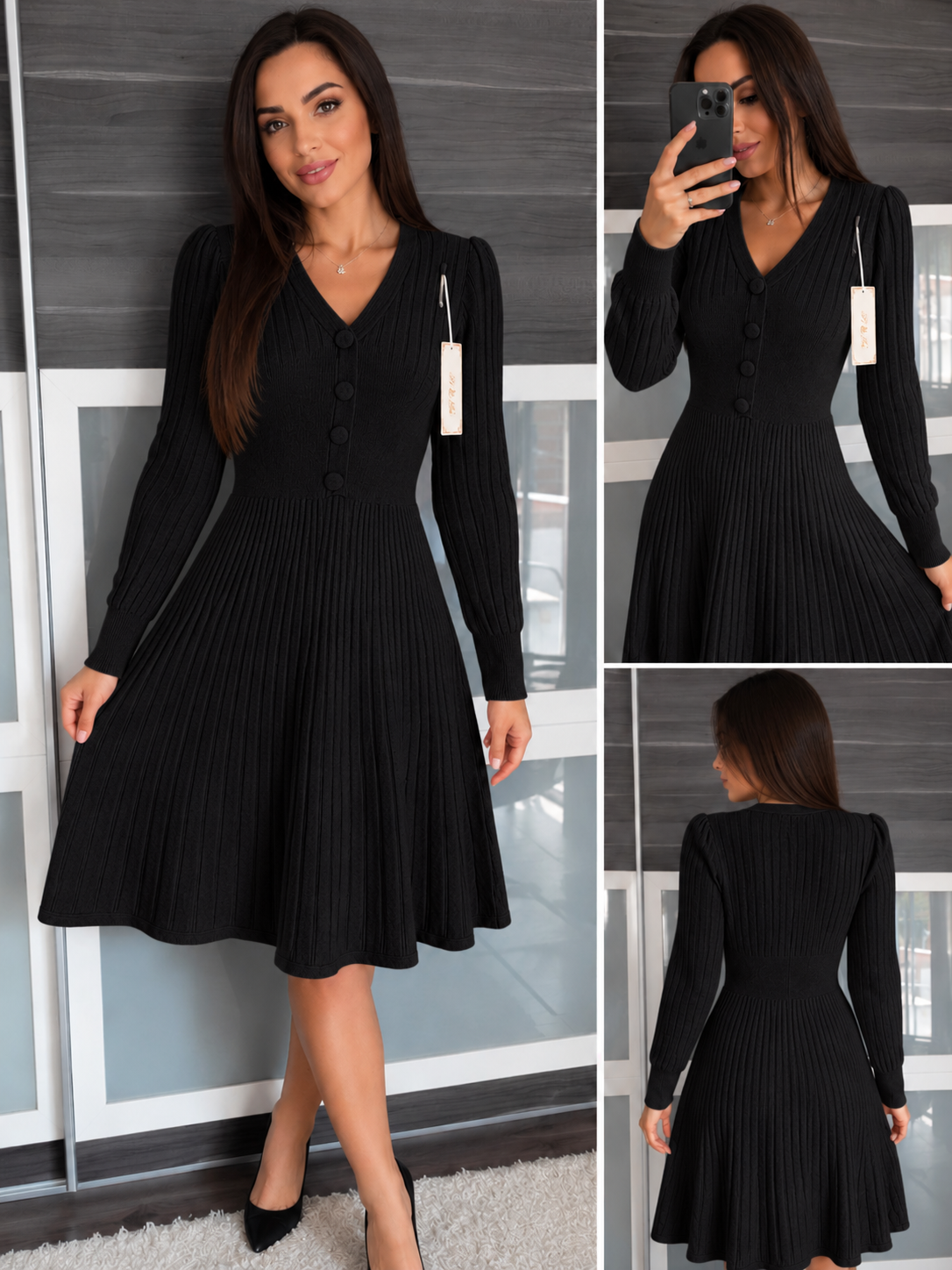 Elegantes Damen Strickkleid mit Knöpfen & Puffärmeln – M/L – 4 Farben