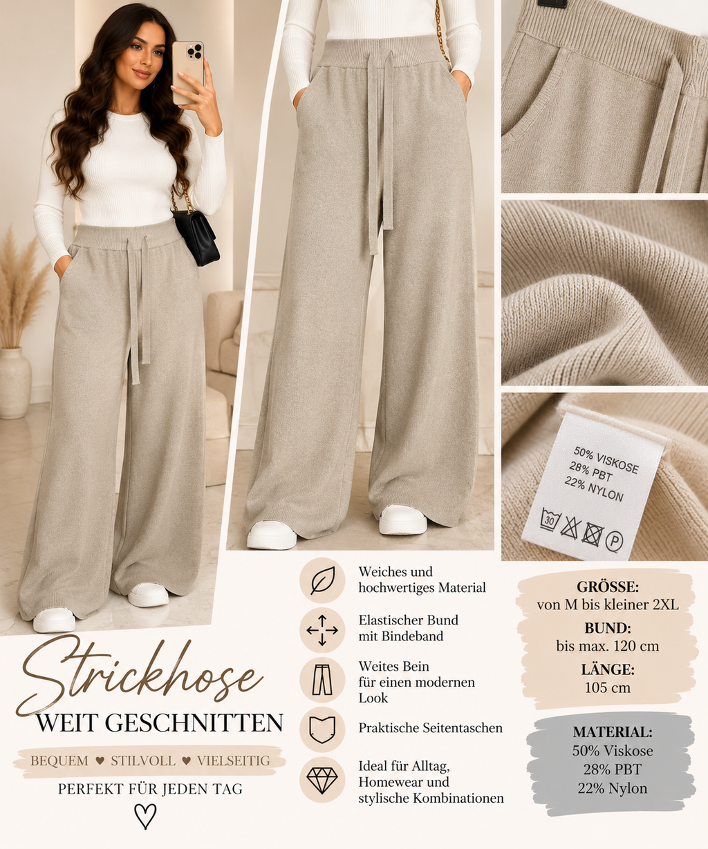 Damen Strickhose Wide Leg – Weiche Hose mit Gummibund & Taschen – M–2XL