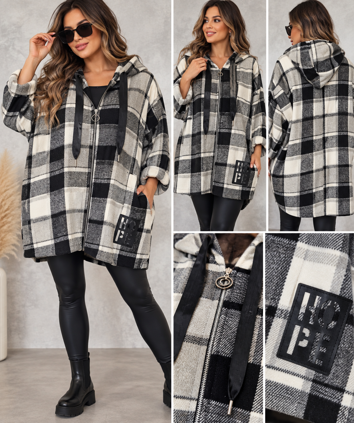Oversize Karo-Jacke mit Kapuze – warm & bequem XL bis 3XL