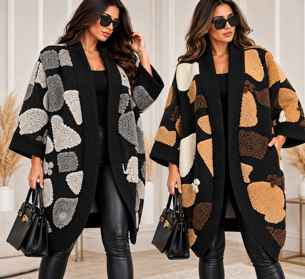 Oversize Damenmantel mit 3D-Teddy-Muster – Wollmix – One Size