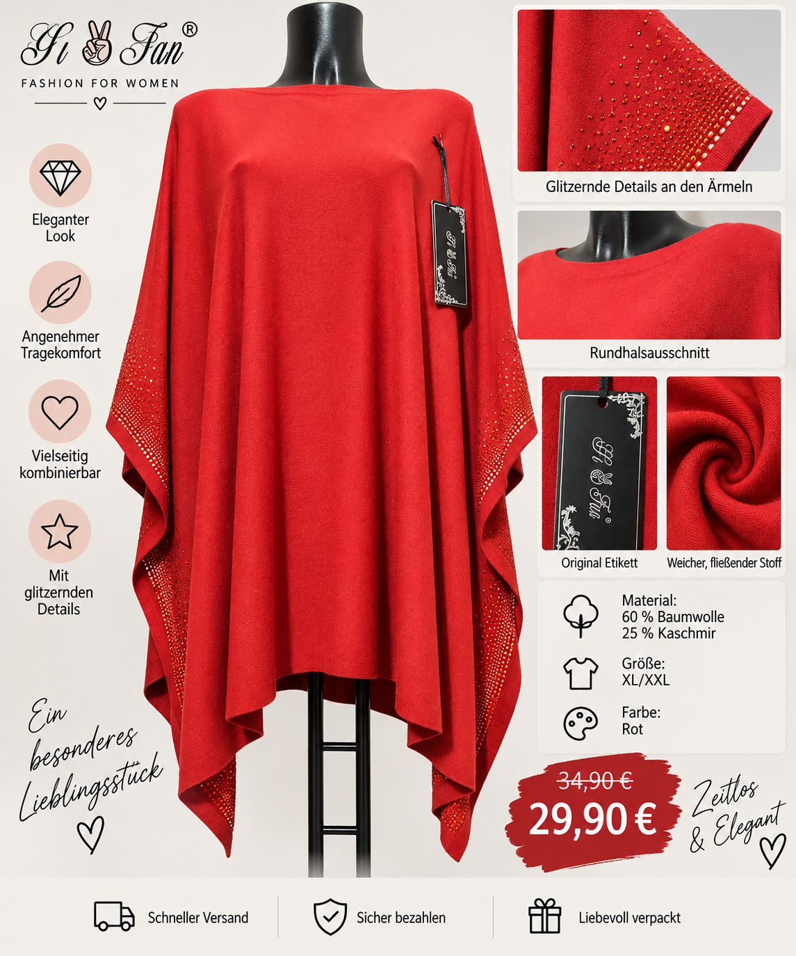 Eleganter Oversize-Poncho mit Glitzer-Details