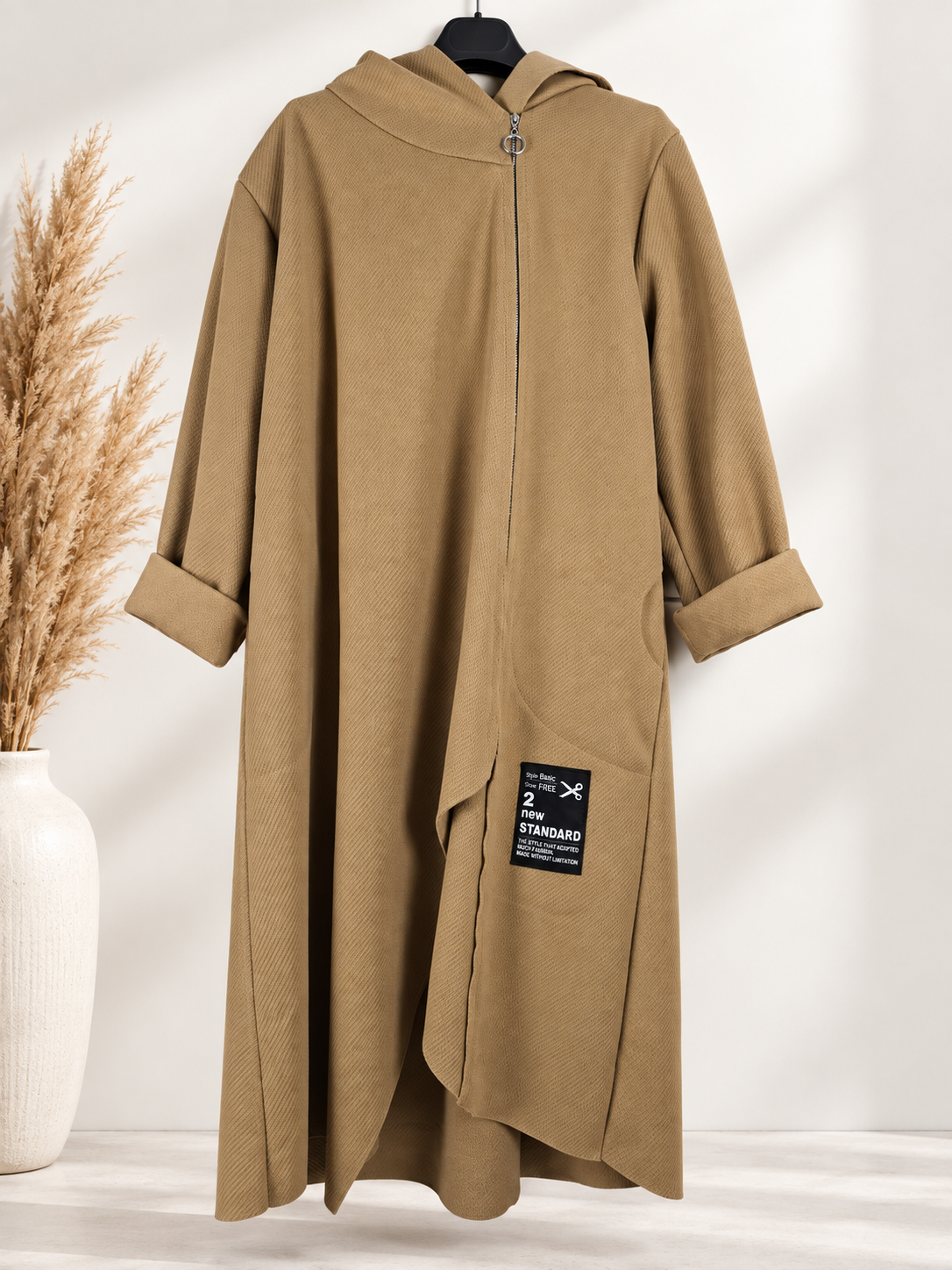 Langer Oversize-Mantel mit Kapuze – Camel