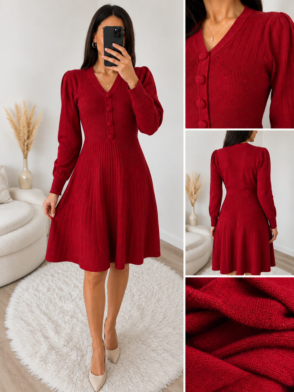 Elegantes Premium Strickkleid mit Knöpfen & ausgestelltem Rock