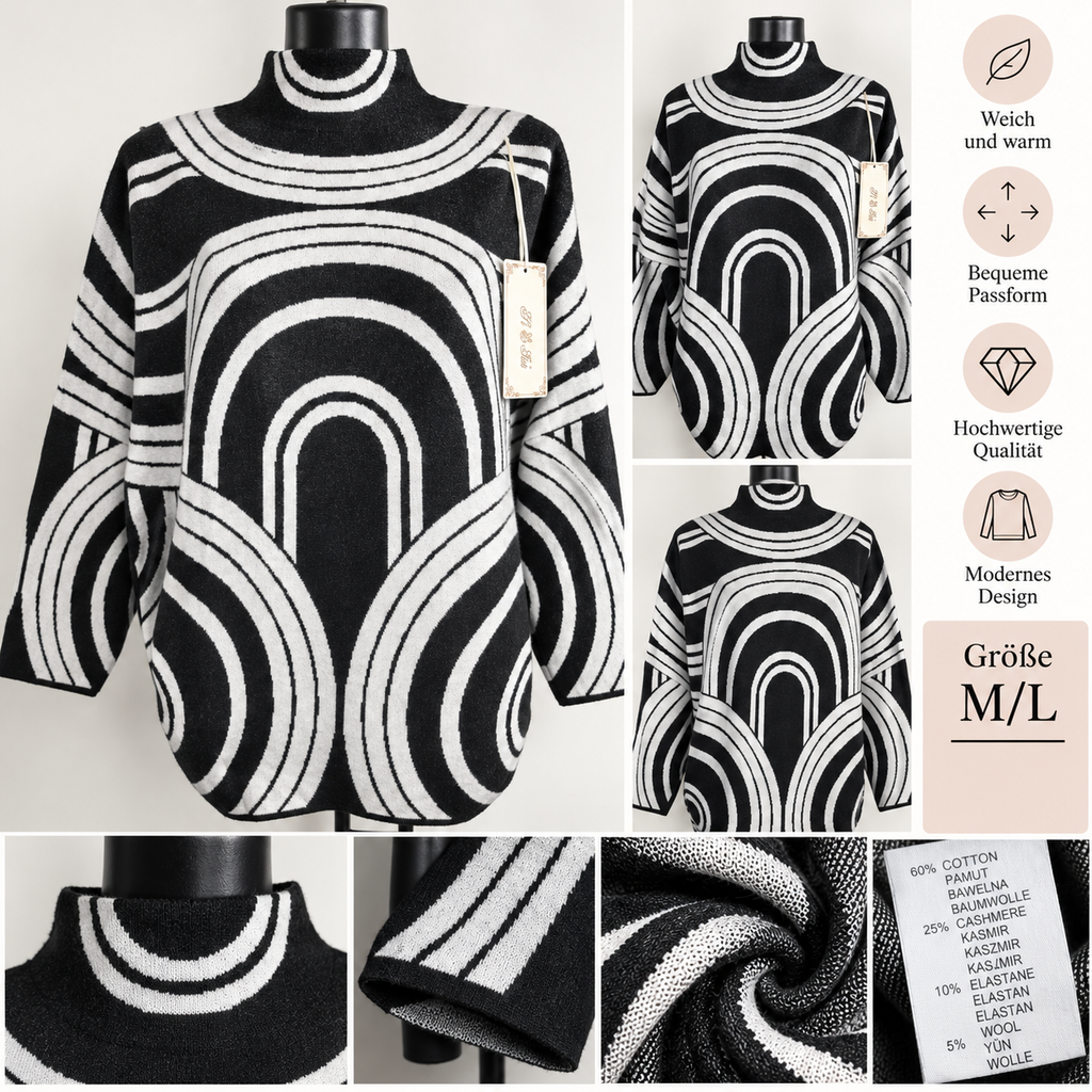 Damen Strickpullover M/L Oversize Stehkragen Warm Geometrisches Muster