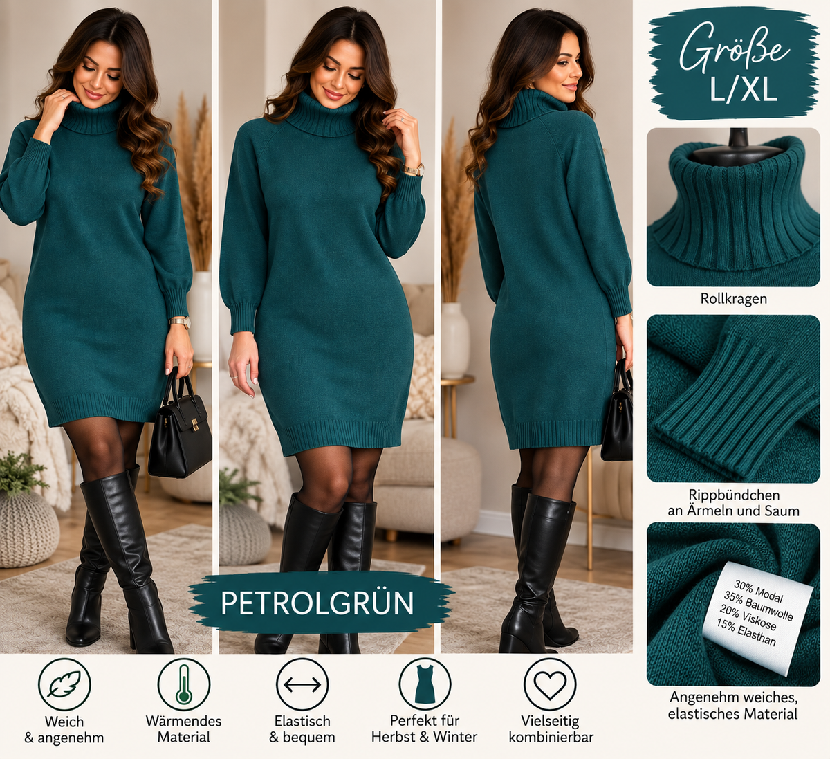Weiches Strickkleid mit Rollkragen – S/M & L/XL