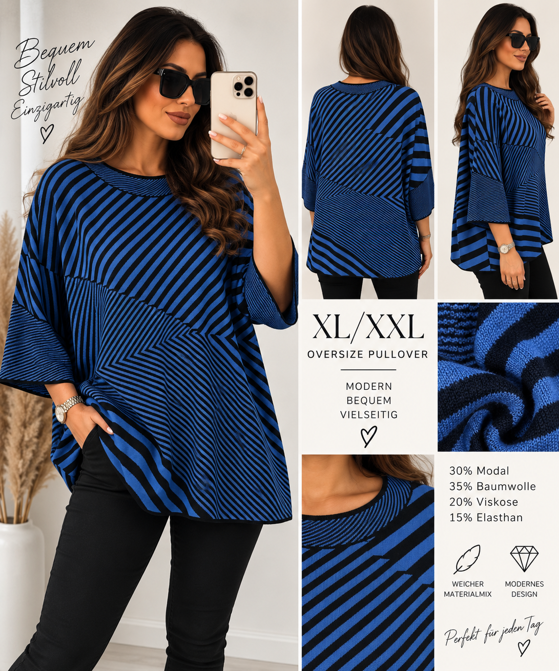 Oversize Pullover XL/XXL – weicher Materialmix | Streifen-Design